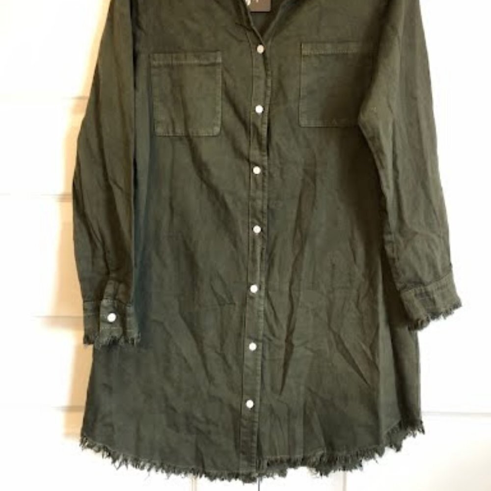 NWT ZILCREMO Frayed Edges Denim Shirt Mini Dress Long Sleeve Dark Olive M - Picture 4 of 8